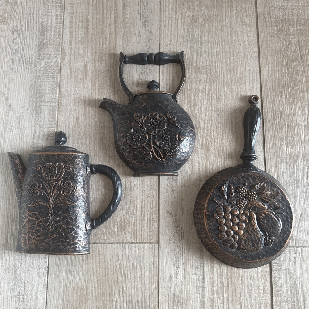 Vtg 1972 Homco MCM Wall Hanging Kitchen Decor Trio Pan Teapot Coffee Pot Brown
